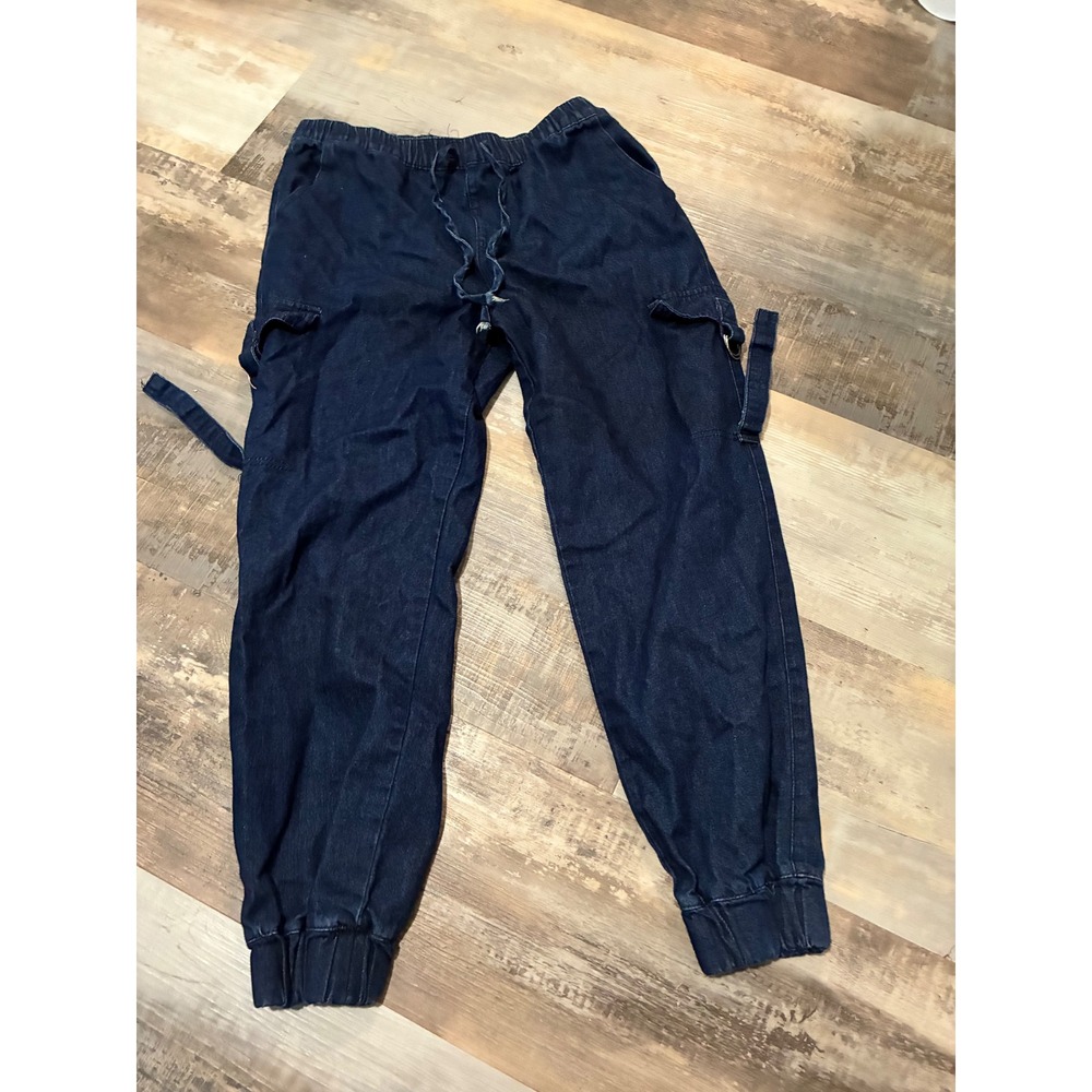 Almost Famous Women Dark Wash Denim Cargo Joggers Elastic Waist Pants Large